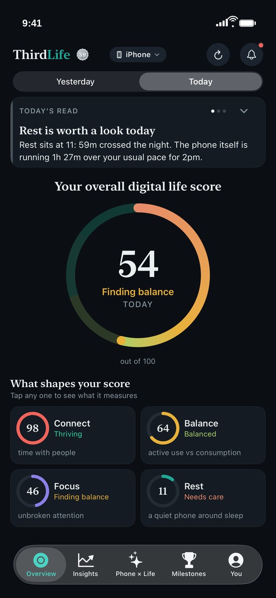ThirdLife Overview showing the overall digital life score and the four rings beneath it, each with its band